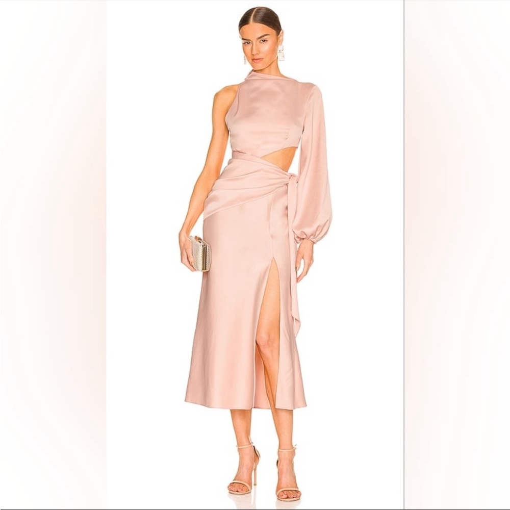 Misha Maryan Dress in Rose Cloud Cut Out Faux Wrap Tie Waist One Shoulder Satin